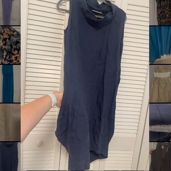 Pistache Navy Blue Linen Dress with Pockets - Picture 3 of 3